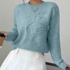 Women's Crew Neck Long Sleeve Knit Sweater Loose Fit Elegant 3D Floral Hook Embroidery Solid Pullover Blouse