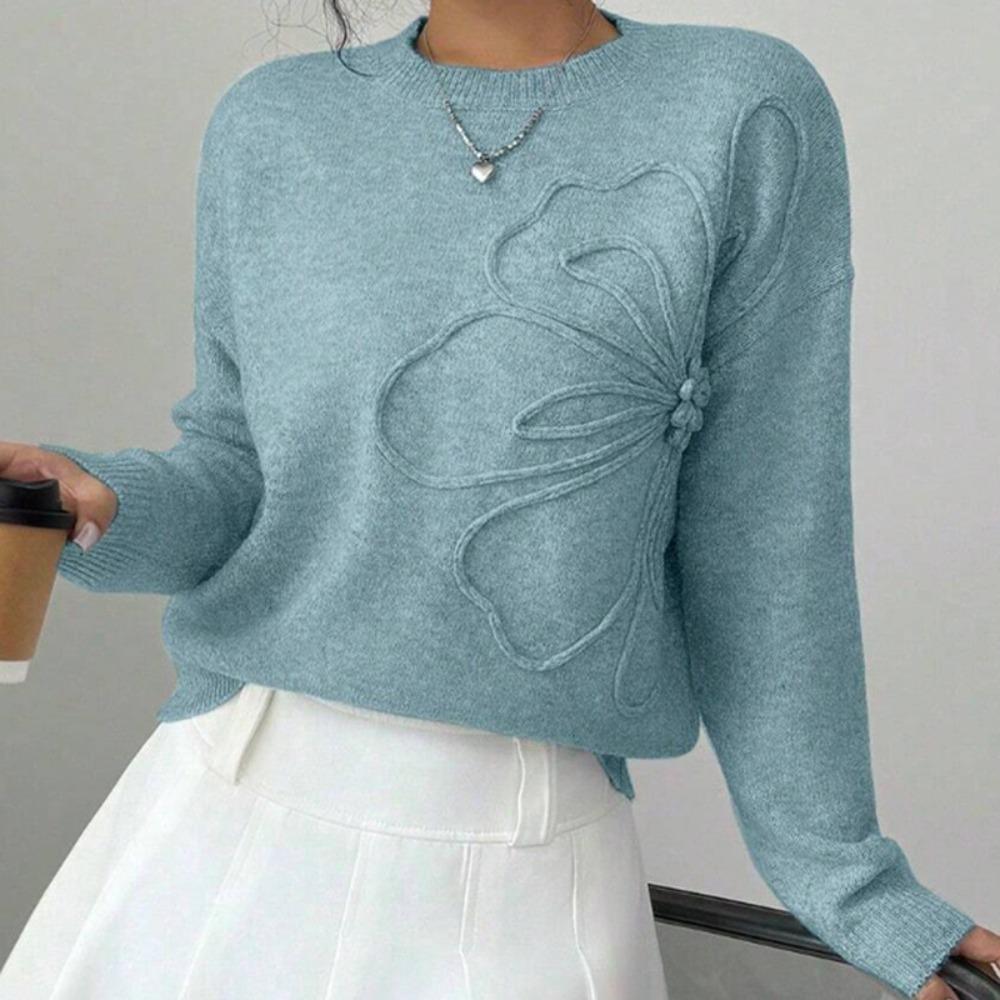 Women's Crew Neck Long Sleeve Knit Sweater Loose Fit Elegant 3D Floral Hook Embroidery Solid Pullover Blouse