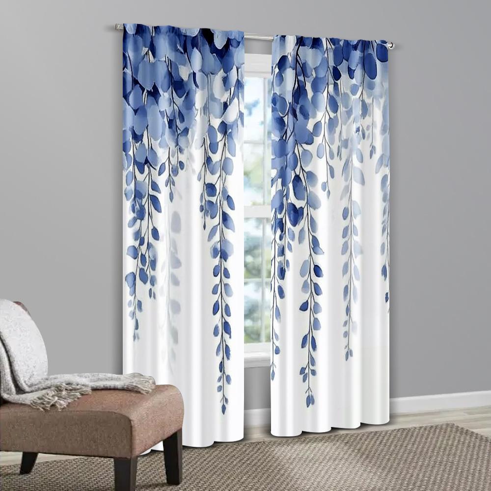 2pcs   Curtains&Window Treatment  Print Blue Leaf Pattern Versatile Fabric (without Rod) Versatile All Use for Living Room