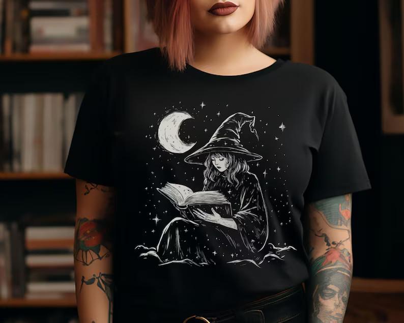 Witch Reading A Spell Book Under A Crescent Moon And Stars Shirt, Witch Gift