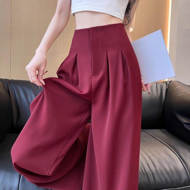 Red Suit Wide Leg Pants Women's Summer Pleated High Waist Slimming Loose Straight Leg Floor Length Casual Pants Skirt