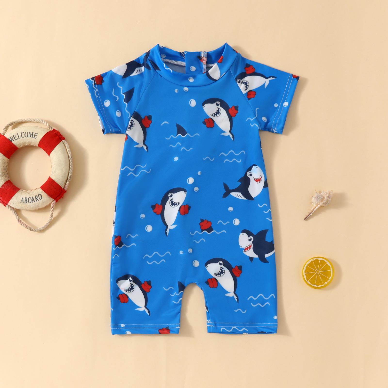 European & American Shark Print Newborn Baby Bodysuit - Blue Ocean Short Sleeve Swimsuit with Zipper 3-6 Months синий