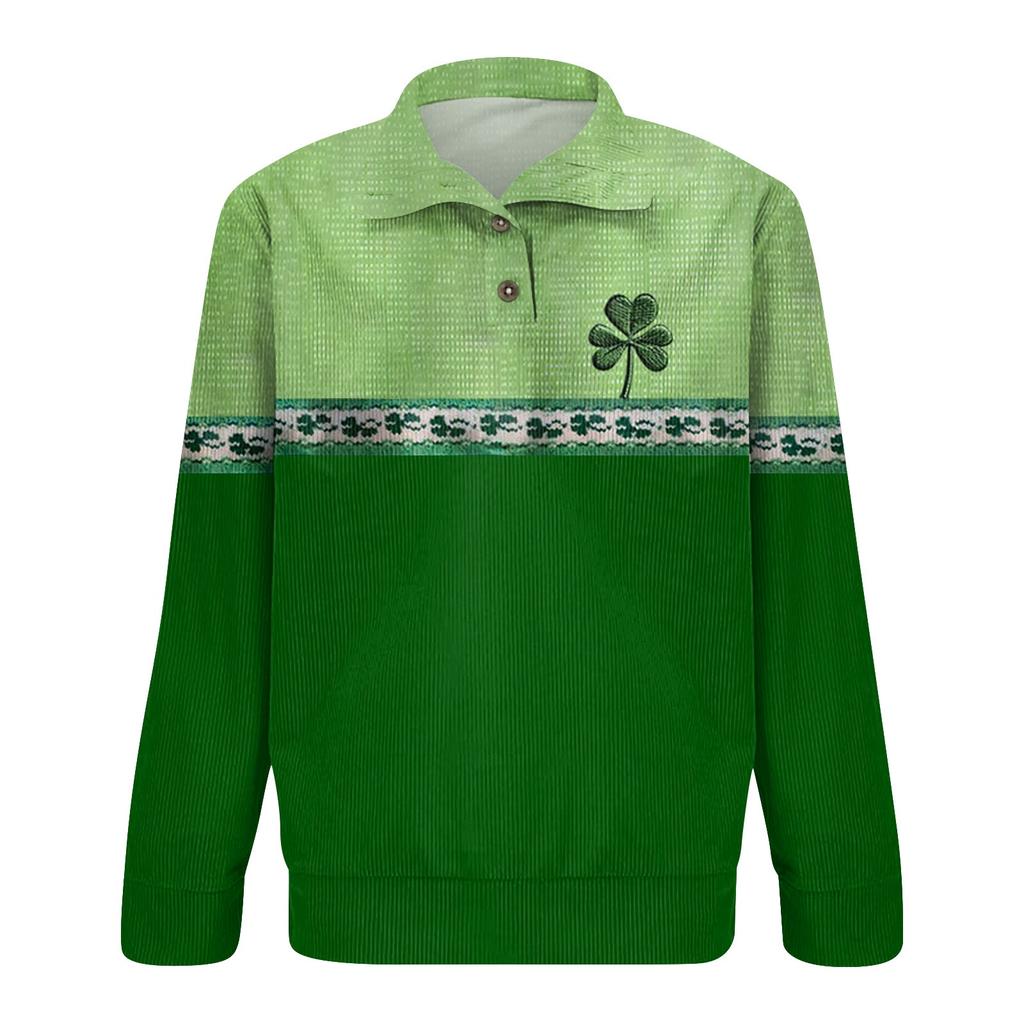 St. Patrick Men's Cotton Pullover Long Sleeve Outdoor Shirt Vintage Corduroy Button Stand Collar Shirt Casual Sweatshirt Print Top