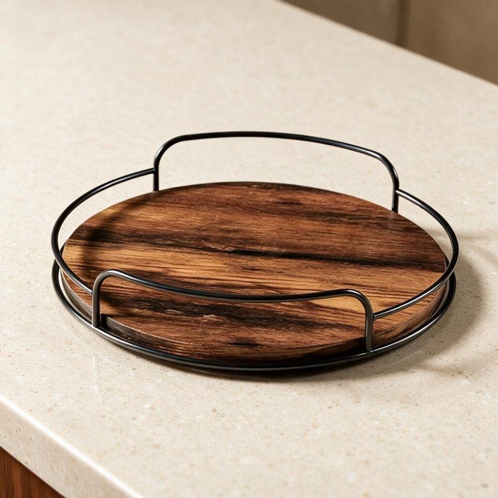 2 Piece Metal Guard Rail Wooden Rotating Tray Round Bathroom Storage Tray Cabinets