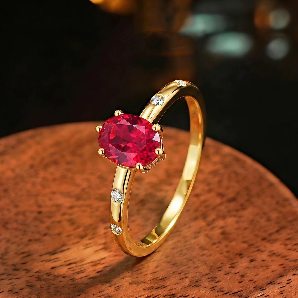 Classic Cultivation Oval Pigeon Blood Red Corundum Ring Female High Sense Temperament Light Luxury Versatile Commuter Golden Treasure Girl