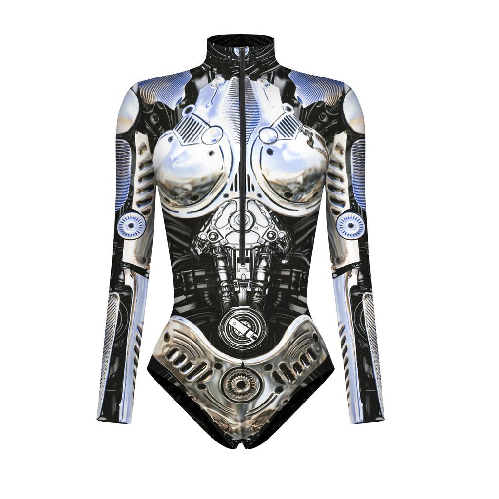 Women's armor 3D printed cosplay long sleeve zipper tight swimsuit