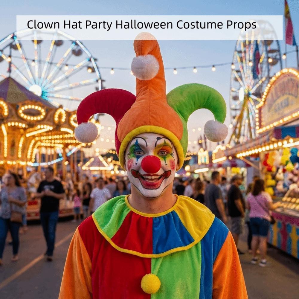 Color Block Clown Hat with White Pom Poms Halloween Party Hat Funny Joker Hat Party