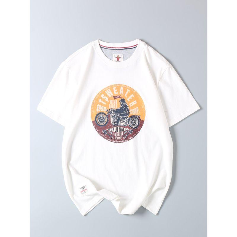 Vintage Motorcycle Print Short-Sleeve T-Shirt for Men, Pure Cotton, Niche Loose-Fitting Trendy Tee, Surplus from Japanese Export