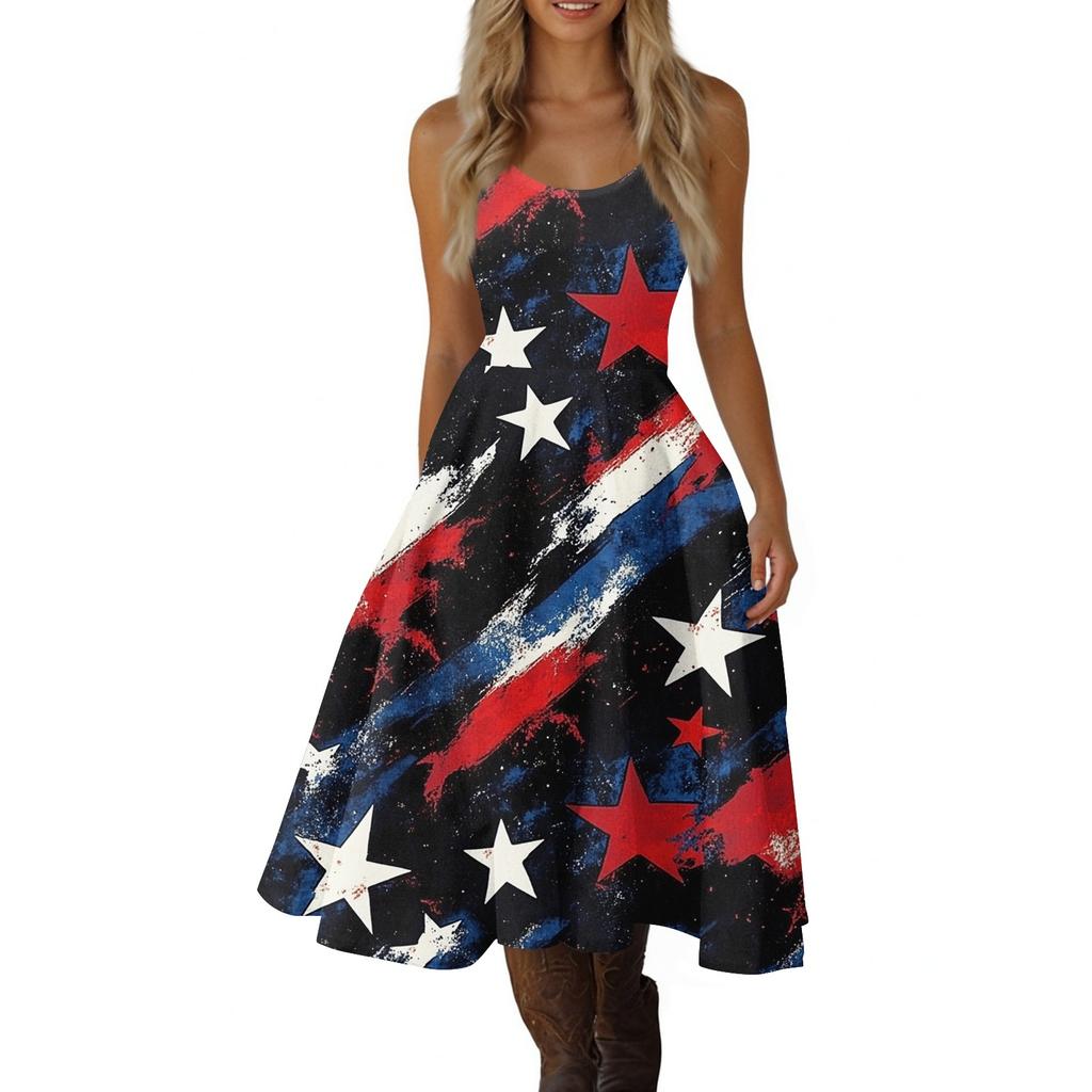 Sleeveless Midi Dress with Star and Stripe Print Casual Fit and Flare Tank Style Summer Dress for Women