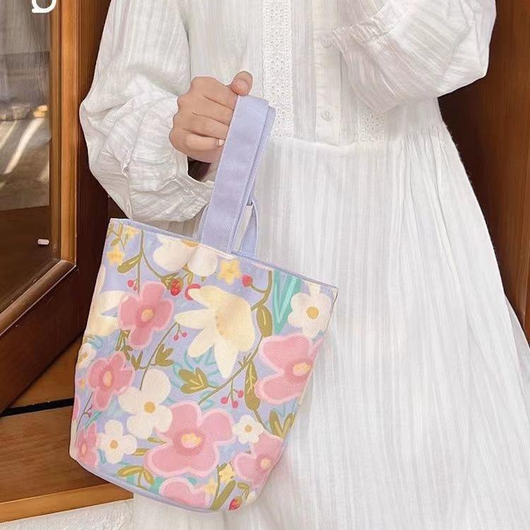 Small Fresh Flower Portable Bucket Bag Canvas Bag Going Out Shopping Female Student Storage Bag Work Bento Bag