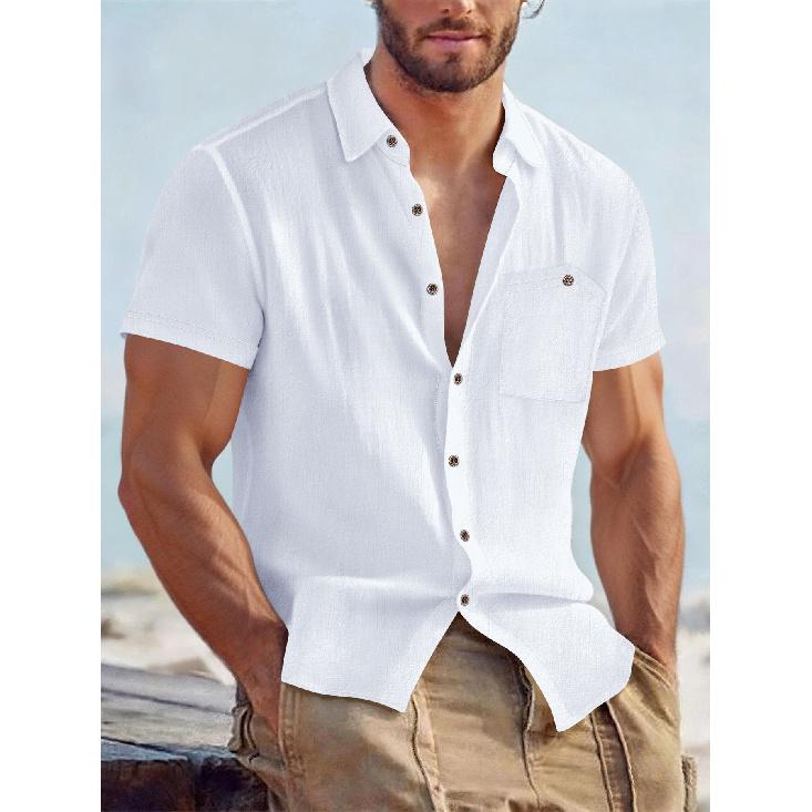 

2026 Spring New Men s Solid Color Linen Short-Sleeve Shirt Casual Turn-Down Collar Loose Breathable Top S белый