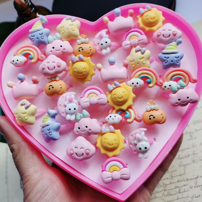 10pcs/Lot Cute Children's Cartoon Rings Glitter Flower Fruit Shape Plastic Adjustable Ope Excluding boxes
