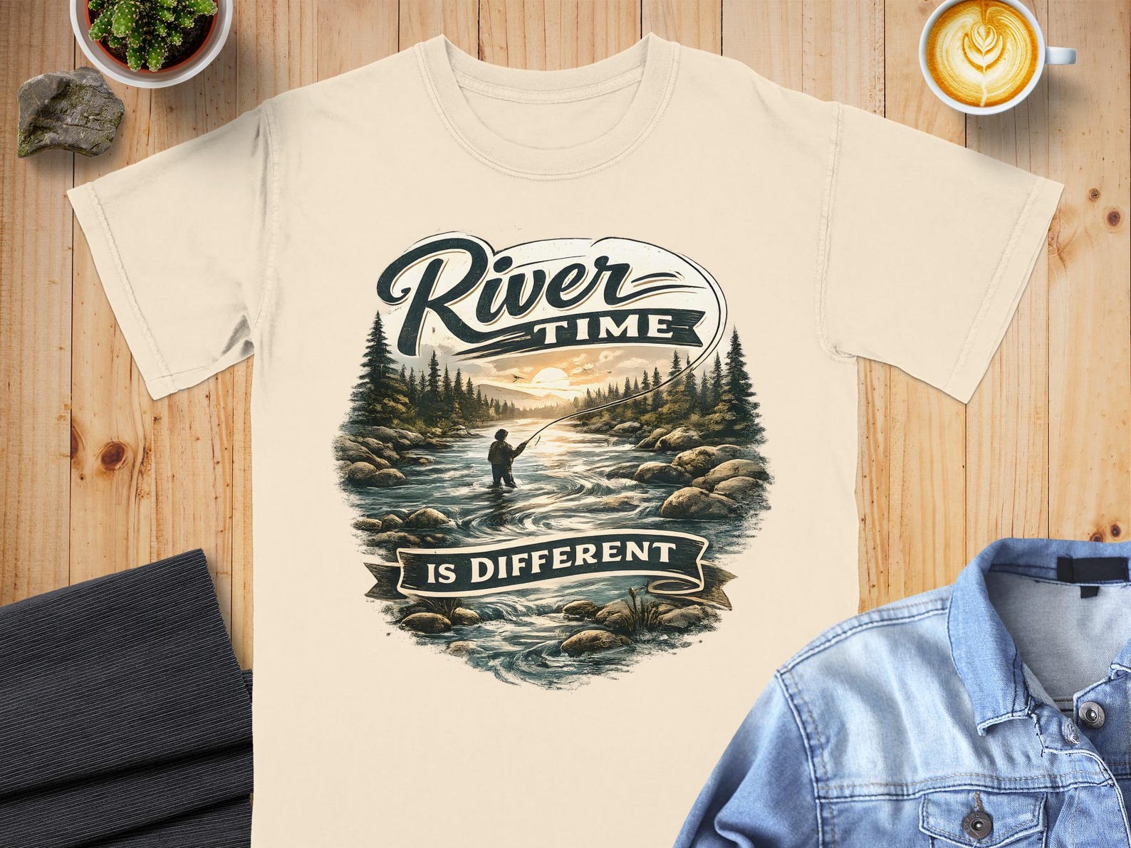 River Time Is Different Fishing T-Shirt, Fly Fishing Angler Tee, Outdoor Nature Adventure Art, Vintage Fisherman Gift, Unique River XL