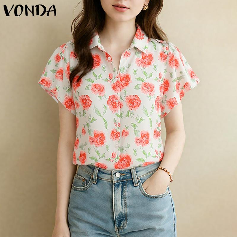 

VONDA Summer Women Short Sleeve Floral Print Casual Shirts Blouse 5XL