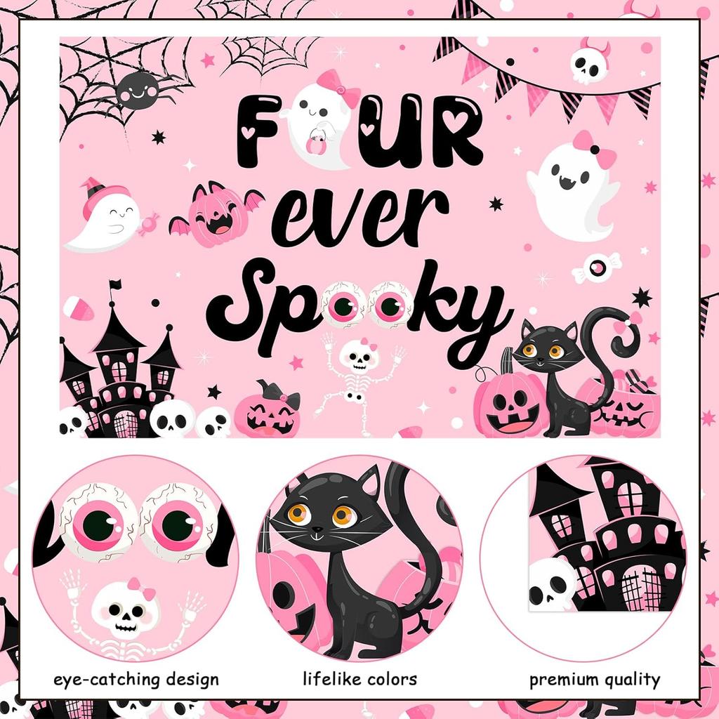 Halloween 4th Birthday Party Decoration for Girl Four Ever Spooky Birthday Backdrop Pink Four Ever Spooky Cake Cupcake Toppers Banner Number 4 Foil