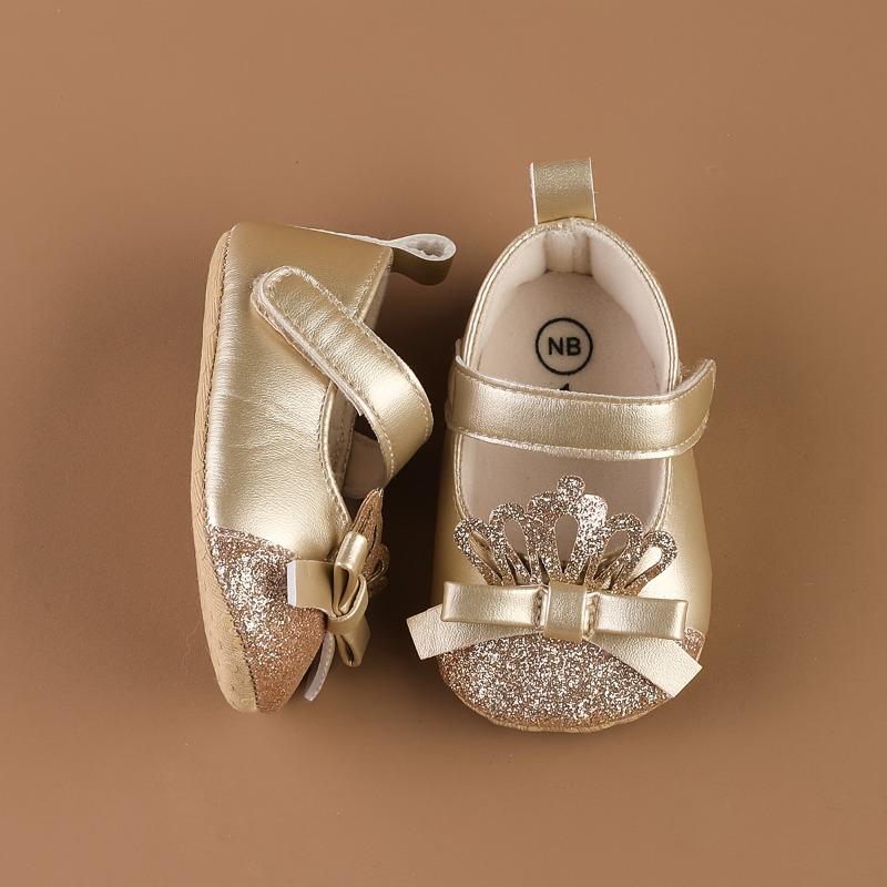 Flat Crown-Patterned Princess Shoes for Newborn Girls Aged 0-1, Featuring a PU Butterfly Knot And Glittery Design, Perfect for Spring And Summer