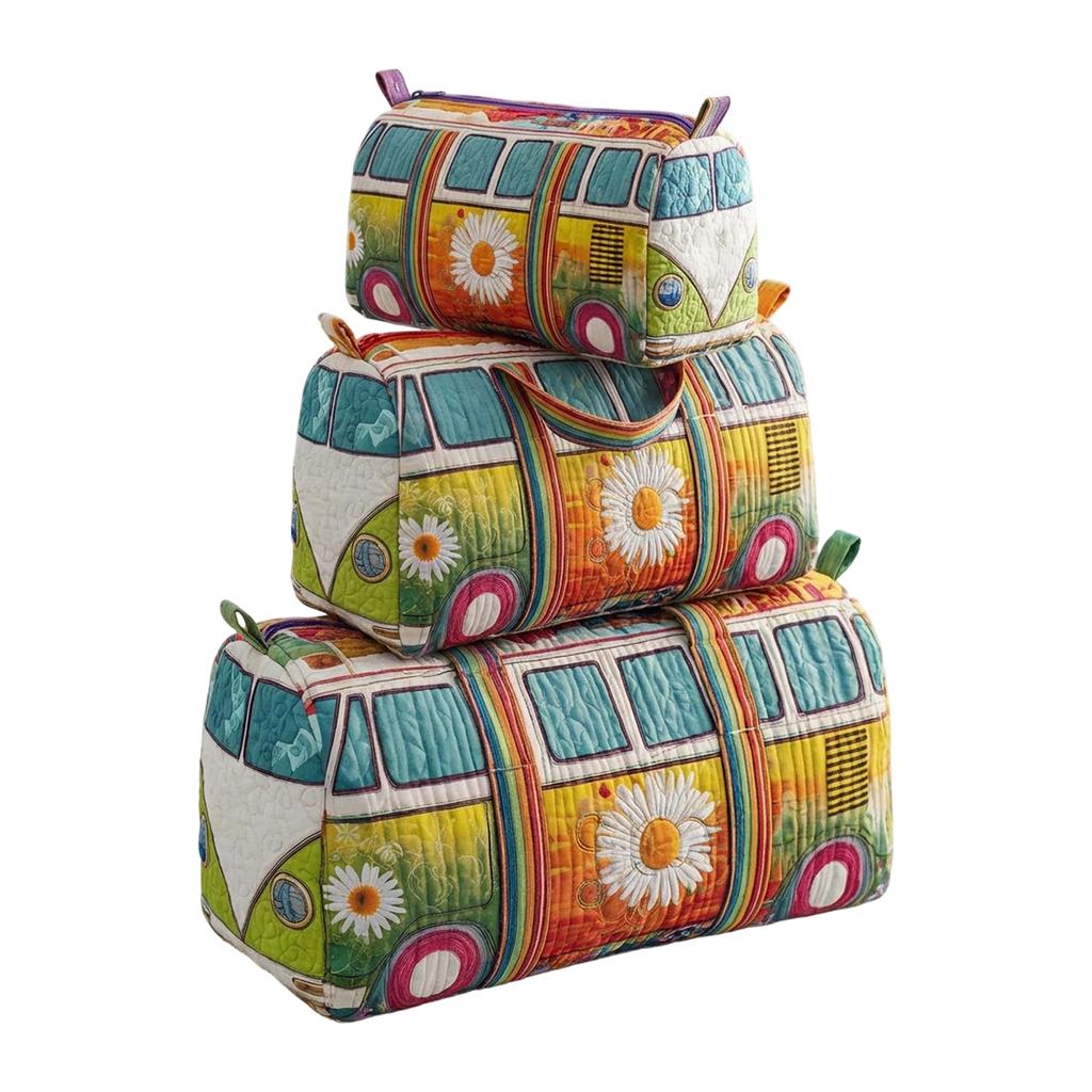 Quilted Multi Functional Storage Bag Set M Size with Floral and Nature Pattern Embroidery for Cosmetics and Accessories Organizer