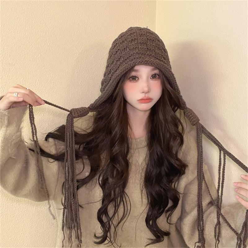 Handmade Fringed Braids Hat Y2K Sweet Girl Warm Beanie Hat InsStyle Bonnet Winter Autumn Skull Hat Pullover Earflap Hat