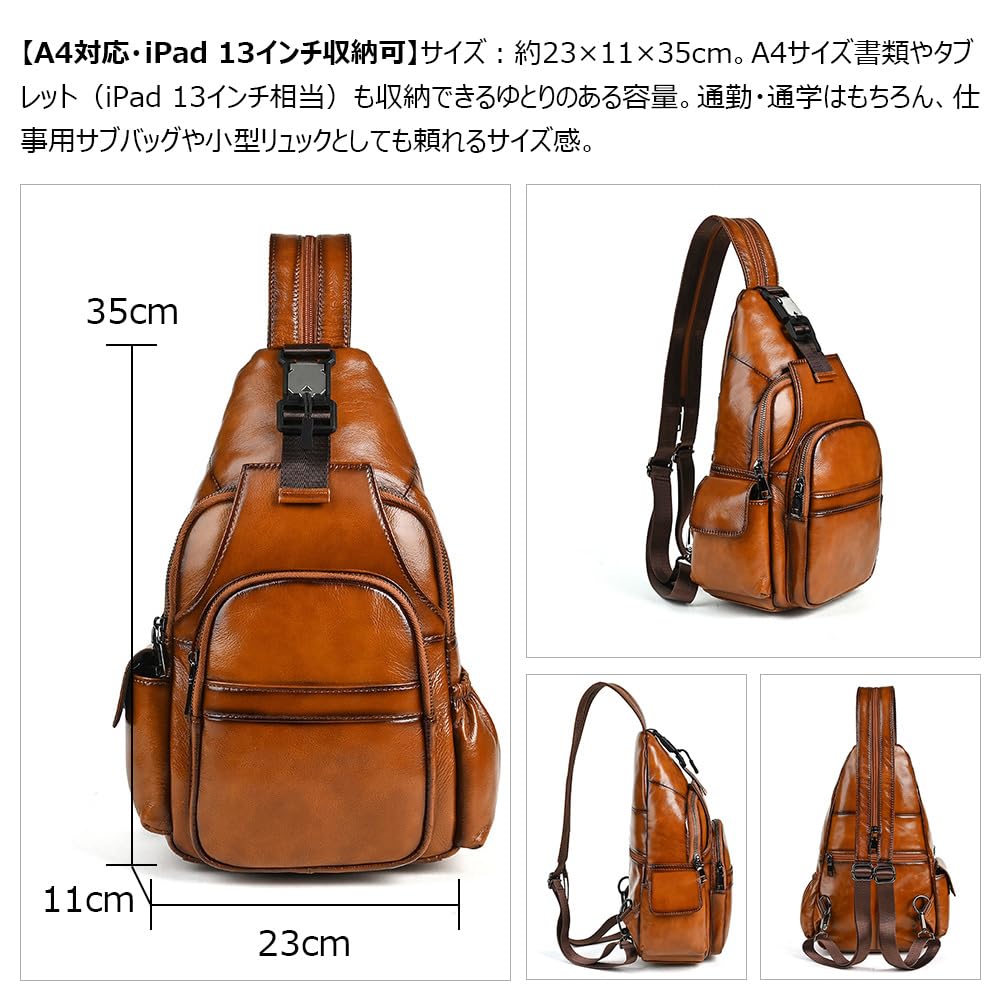 Whatna Antique-Style Tanned Natural Cowhide Leather Body Bag for Men, 3-Way Shoulder BagBackpack, 7 Pockets, Multifunctional, A4 Compatible, Fits