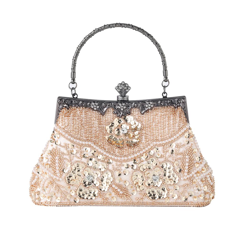 Women Embroidered Beaded Sequin Evening Handbag Vintage Shoulder Bag Purse for Wedding Bridal Prom Party Elegant Top Handle Bag
