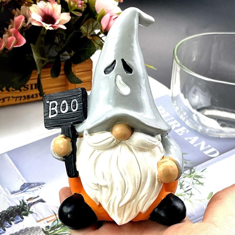 Halloween Pumpkin Gnomes with Witch Hat Miniature Ornament Resins Craft Figurine Ornament for Home Garden Decoration