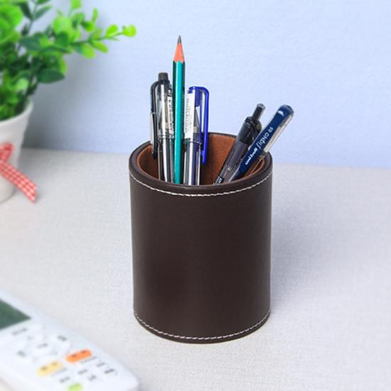 Pen Container Large Capacity Wear Resistant Smooth Edge Simple Style Compact Size Save Space Faux Leather Round Pen Holder Desktop Stationery Storage