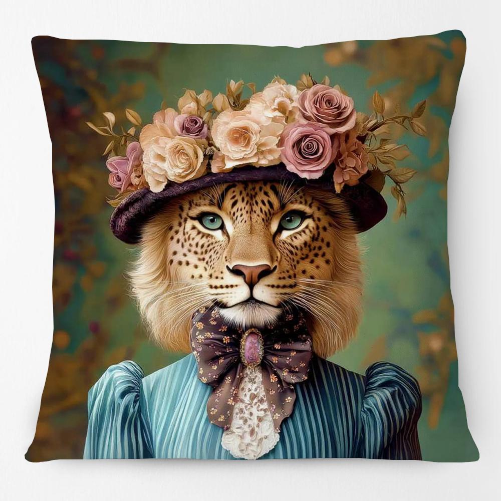 Fashion Animals Portraits Poster Zebra Tiger Leopard Lion Giraffe Fox Moose With Floral Cushion Cover Decorative Pillow Case