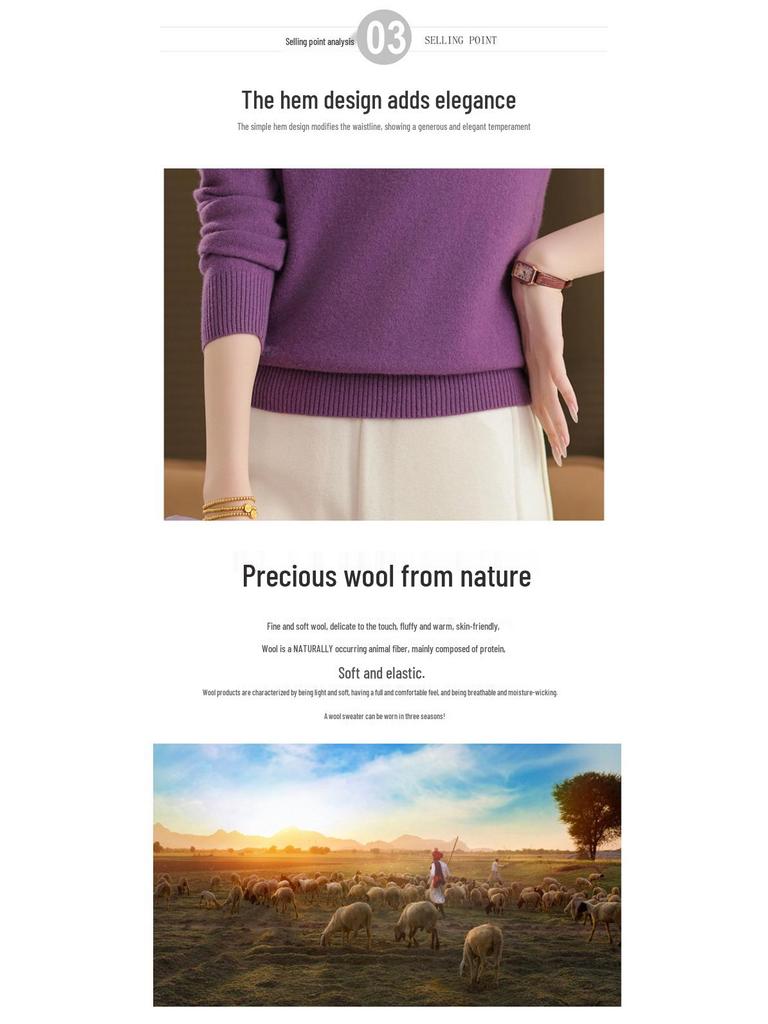 100% Pure Wool Low Neck Sweater for Women 50+, Stylish Solid Color Autumn/Winter Base Layer