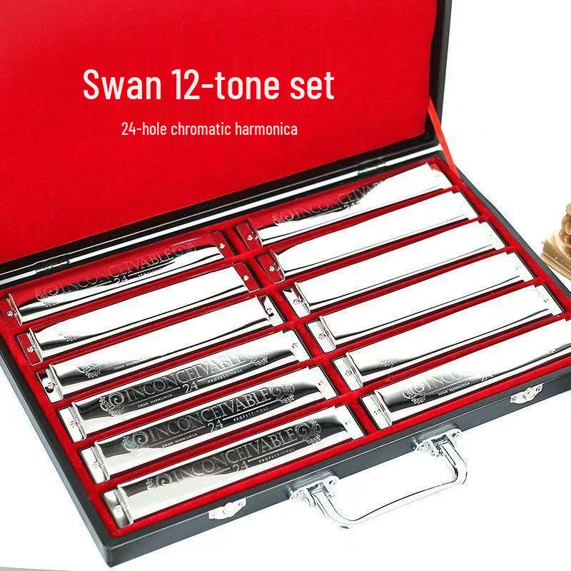 Swan 24-Hole Harmonica Set: 7-Piece and 12-Piece Options, ABCDEFG Keys, for Students and Adults, Beginner Wind Instrument.