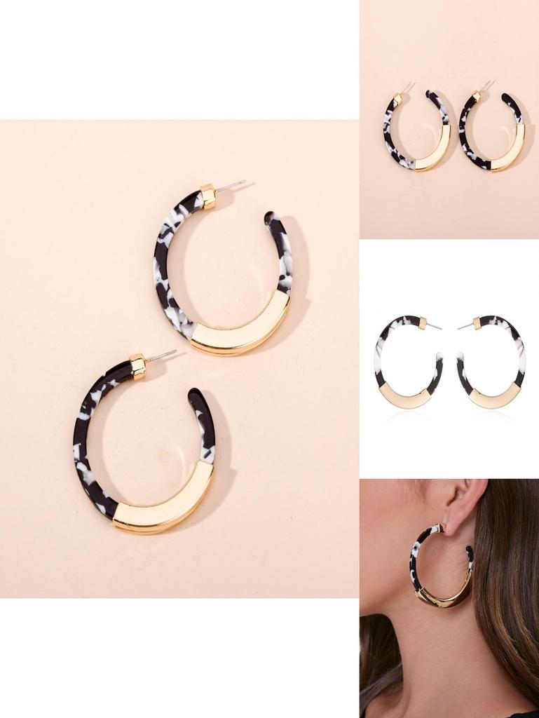 Elegant Geometric Black And White Patterned C-shaped Earrings For Trendy Street Style
