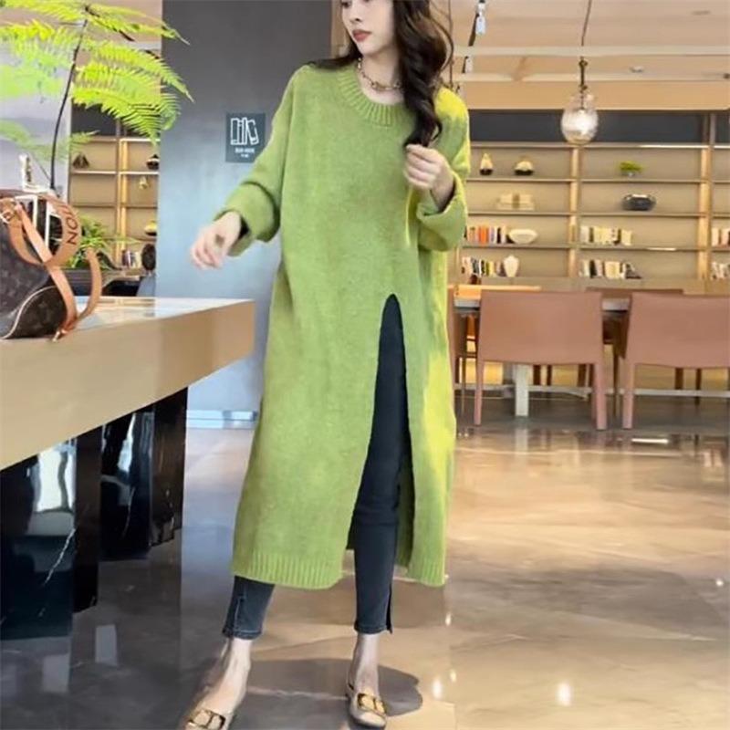 Lazy Wind Crew Neck Pullover Sweater Skirt Women's Loose Over Knee Long Side Split Knitted Sweater Dress Top