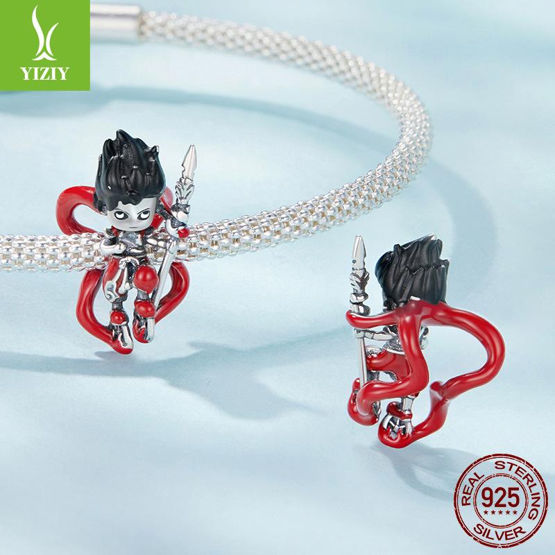 S925 Sterling Silver Nezha Bracelet Beaded National Tide Style Animation Diy Beads Loose Bead Jewelry Accessories
