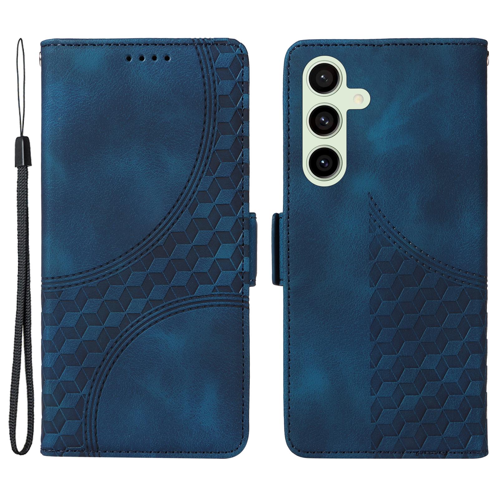

For Samsung Galaxy S24 FE Leather Cases Wallet Rhombus Imprinted Phone Cover Stand with Strap Blue