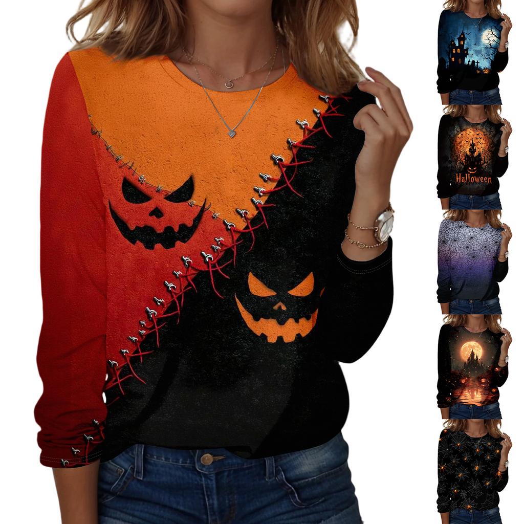 Damen Halloween Bedruckter Pullover Sweatshirt Langarm Rundhalsausschnitt Lässiges Lockeres Oberteil für Herbst Winter Alltag