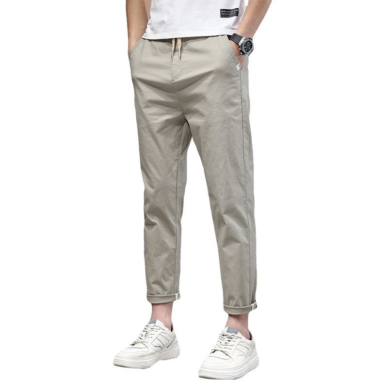 Of Foreign Trade Surplus: Summer Thin Pure Cotton Straight-Leg Trendy Casual Pants for Men, Breathable Versatile Drawstring Cropped Dress Pants