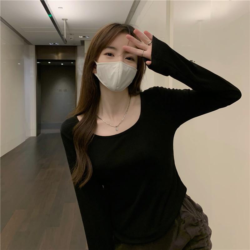 

Нестандартная короткая футболка с длинными рукавами, женская осенняя одежда, новая облегающая и тонкая рубашка с низом, топ ранней осени L