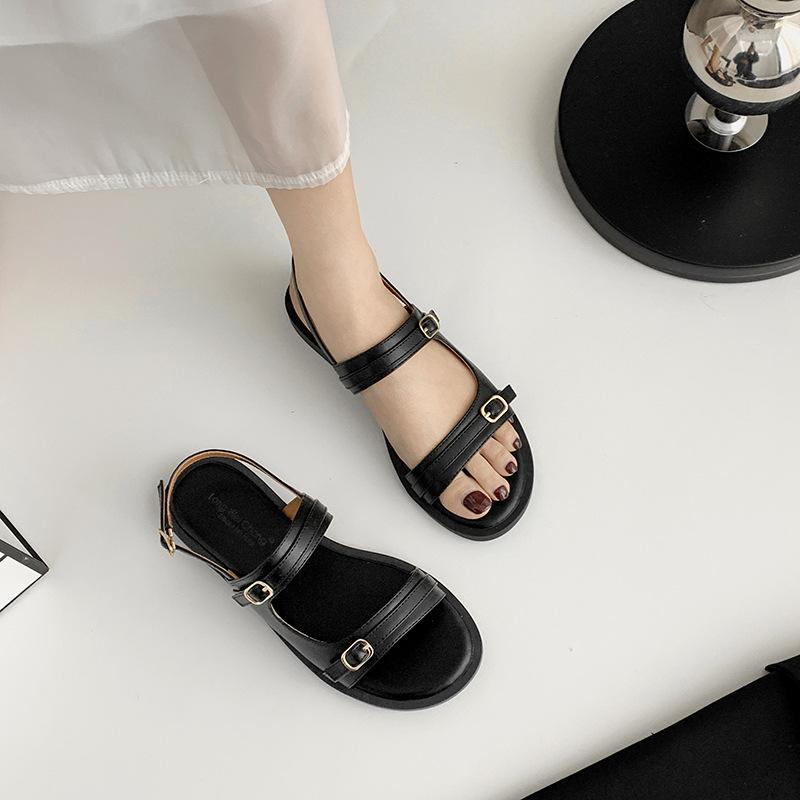 Fashion Double Buckle Band Flat Sandals Women Black/white Leather Back Strap Gladiator Sandalias Mujer Casual Summer Beach Shoes Student