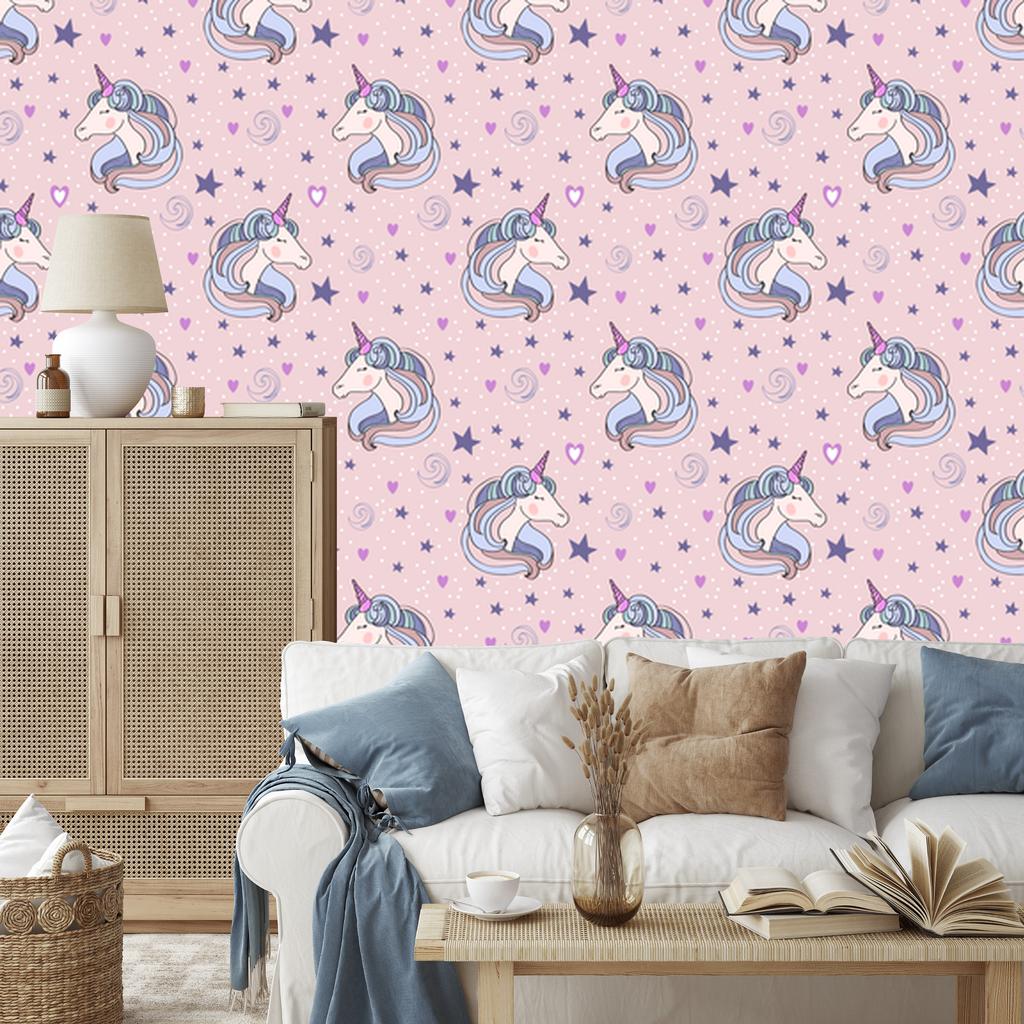 Sleeping Unicorns Wallpaper In Front of Stars and Hearts for Living Room and Bedroom 50x1000