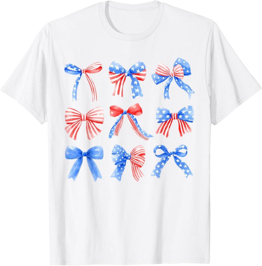 Coquette Bows Red White Blue USA Flag 4th Of July Women Girl Unisex T-Shirt Mens Womens Tees Top