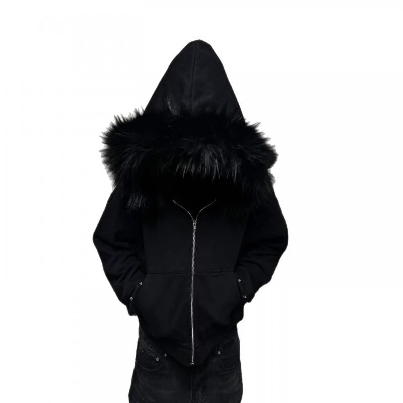Stilvolles Kapuzensweatshirt Mit Strassverzierungen Kunstpelzbesatz Lockere Passform Langarm-T-Shirt Herren Winter Streetwear