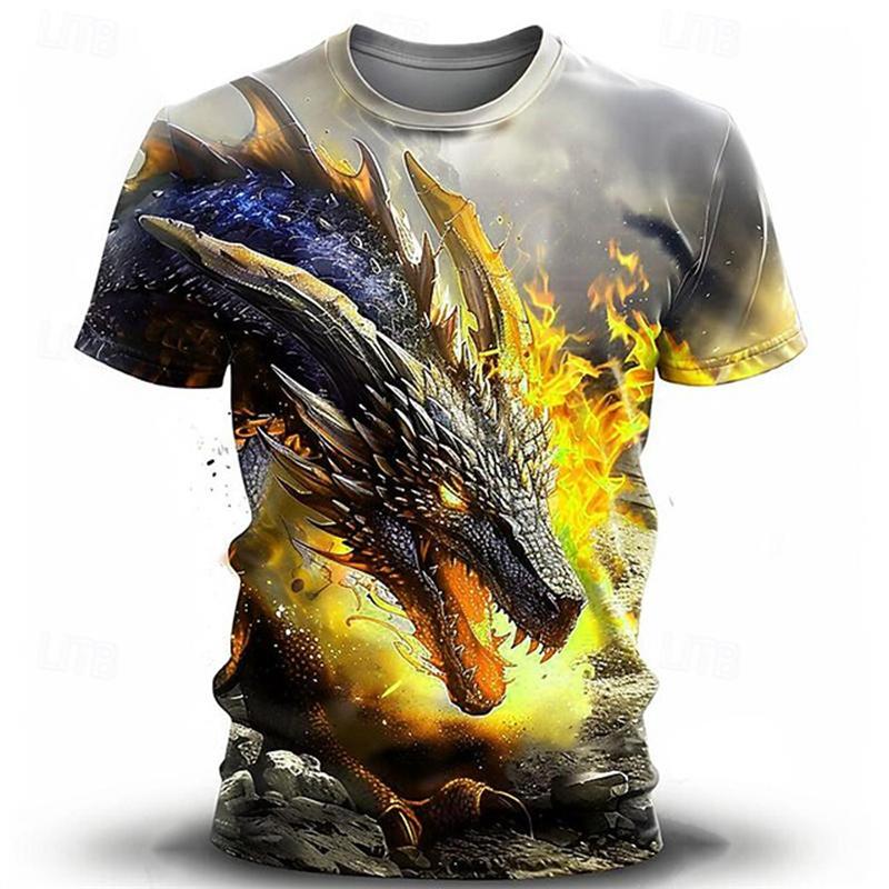 Men's Summer Casual 3D Printed Short Sleeve T-shirt Round Neck Large Size Printed Dragon Pattern Breathable Short Sleeve