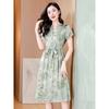 Summer Silk Dress Printed Elegant Intellectual Lace-up Waist Mulberry Silk Short-sleeved Dress
