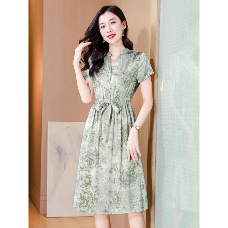 Summer Silk Dress Printed Elegant Intellectual Lace-up Waist Mulberry Silk Short-sleeved Dress