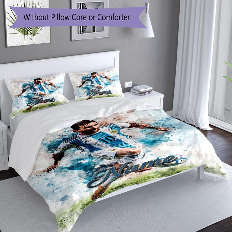 Messi Custom Name Soccer Watercolor Personalized Name Bedding Set,Light Bed Linen for Dorm Home Decoration,Perfect Festival Gift for Boys,Fade Resista