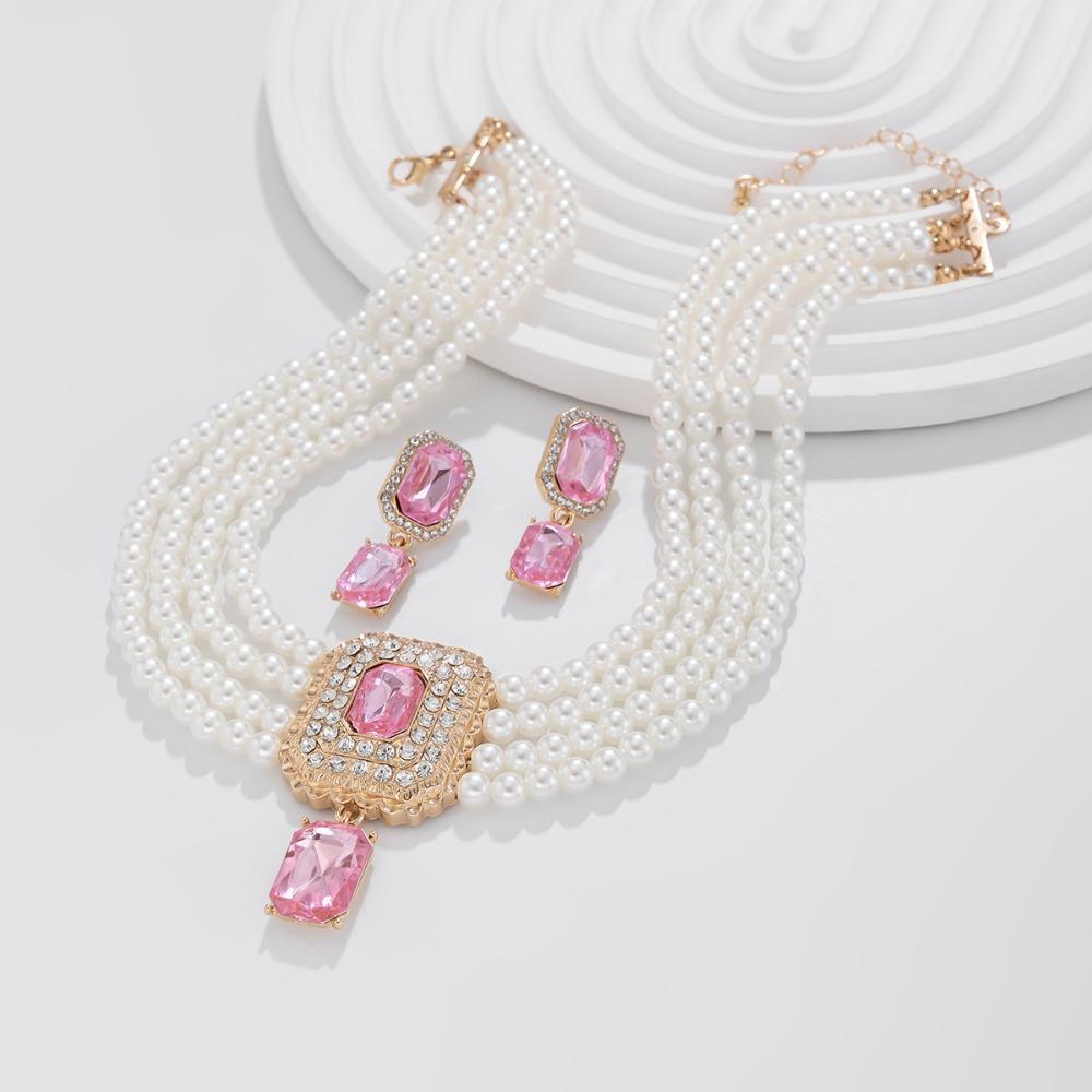 Charm Rhinestone Necklace Earrings Imitation Choker Necklace Set Pearl Multilayer Necklace Party