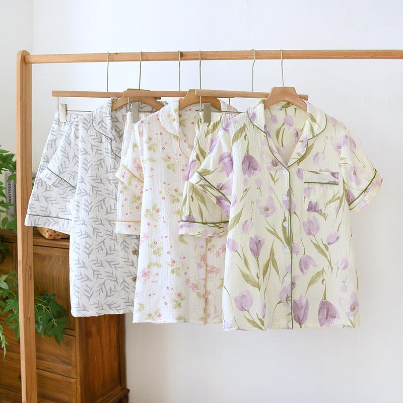 2026 Nuovo Set Pigiama Estivo da Donna 100% Cotone Crepe Manica Corta Pantaloncini Carino Cardigan Set Vestiti da Casa Sottili Pigiami Donna