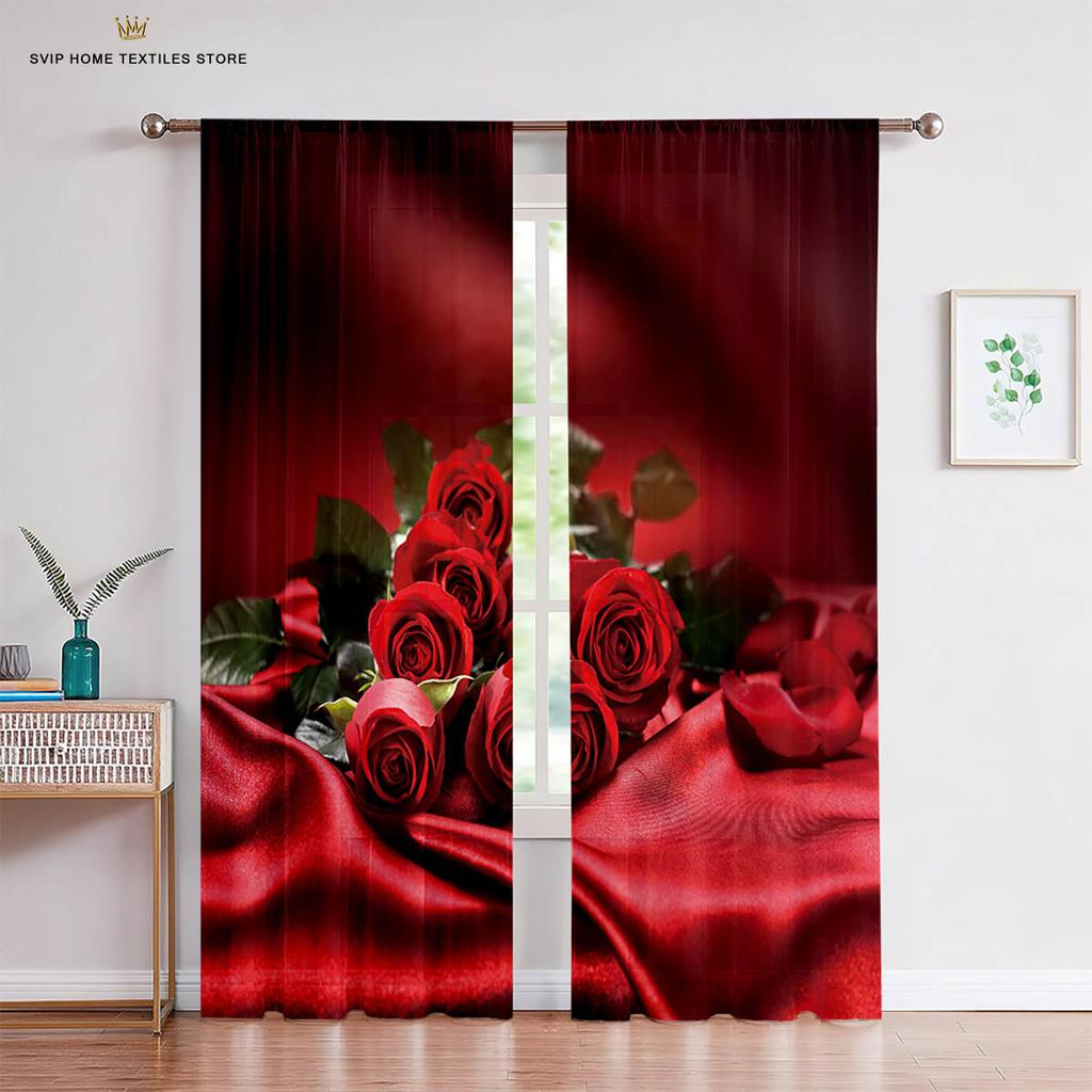 Red Retro Rose Flower 3D Printed Curtains, Suitable for Bedroom, Living Room, Balcony, Kitchen, Decorative, Easy to Wash