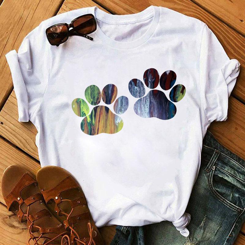 Fashion Women T-Shirt Cartoon Tee Shirts Watercolor Heart Dog Paw T Shirt Harajuku Tops Tee Short Sleeve Cute Female Tshirts Tee