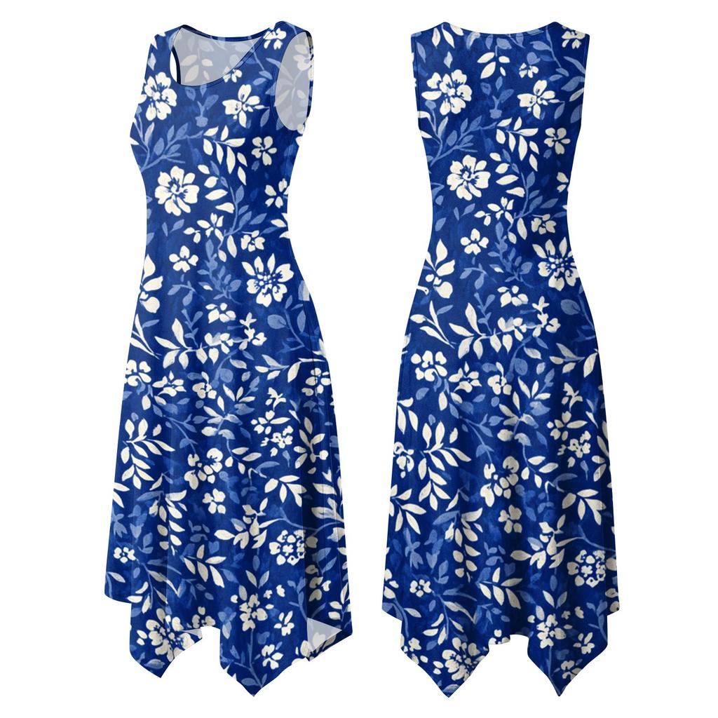 Women Sleeveless Casual Floral Print Dress Round Neck Irregular Hem Mid Length Summer Dress
