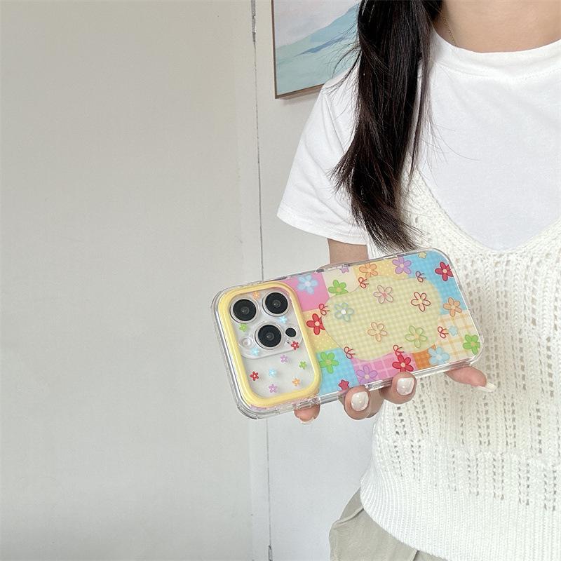 Niche Plaid Color Block 3D Floral Case for iPhone 17, 16 Pro Max, 15, 14